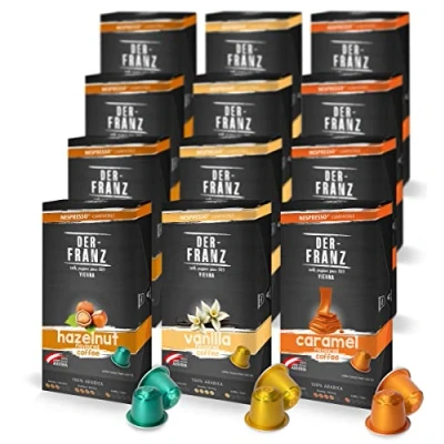 Afbeelding van Der Franz Nespresso compatibele koffiecapsules, 12 x 10 Koffiecapsules (40 hazelnootaroma, 40 vanille aroma, karamelaroma)