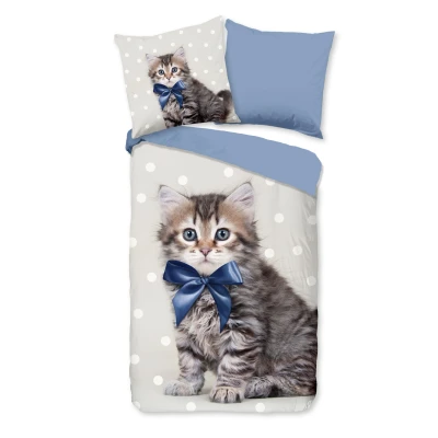 Afbeelding van Dekbedovertrek voor Kinderen 135x200 cm Schattige Katten en Stippen Print Blauw 1 Persoons 100% Katoen