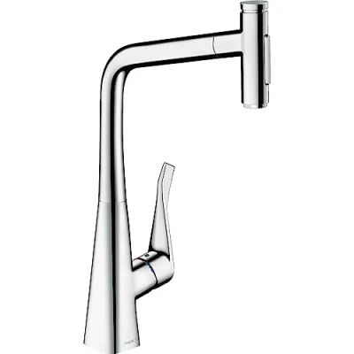 Afbeelding van hansgrohe 73820000 Metris Select M71 Keukenkraan met uitloop hoogte 320 mm, 150 draaibaar, uittrekbaar, 2 straalsoorten, chroom mengkraan enkele hendel