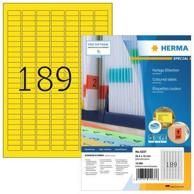 Afbeelding van HERMA 4237 Gekleurde etiketten A4 (25,4 x 10 mm, 100 velles, papier, mat) zelfklevend, bedrukbaar, permanent kleural etiketten, 18.900 voor printer, geel