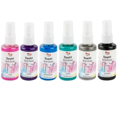 Afbeelding van Ideen mit Herz Spuitverf, 6 x 50 ml, kleuren, sterk gepigmenteerde kleuren voor licht textiel, op waterbasis, spuit magie 2, roze, paars, hemelsblauw, turquoise, grijs, zwart
