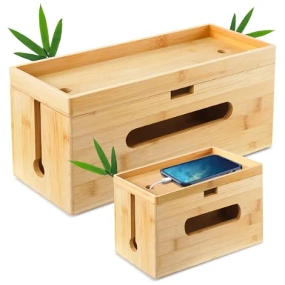Afbeelding van Otauoaea Kabelbox hout, set van 2, groot en klein, duurzaam bamboe, kabelmanagementbox om kabels te verbergen, stekkerbox, kabelverzamelaar, kabelorganizer, box