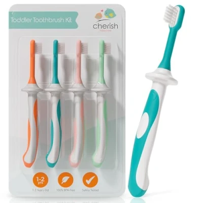 Afbeelding van Cherish Baby Care Tandenborstelset voor baby&#039;s, 12 maanden (4 stuks), tandenborstel kinderen, BPA vrij en getest op veiligheid, ontworpen door kindertandarts, tandenborstels 1 tot 2 jaar