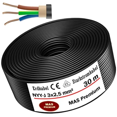 Afbeelding van Aardkabel stroomkabel 5, 10, 15, 20, 25, 30, 35, 40, 50, 60, 70, 75, 80, 90 of 100 m NYY J 3x2,5 mm² elektrische kabelring voor het leggen in de open lucht, grond (30m)