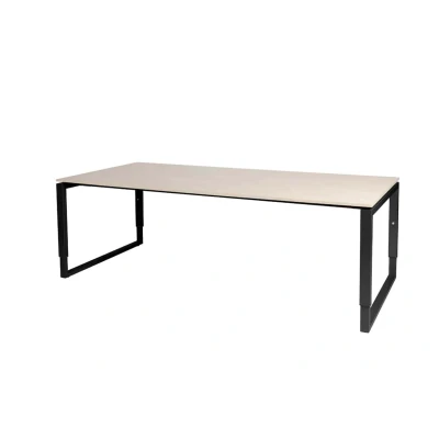 Afbeelding van Domino Plus vergadertafel, hoogte instelbaar (62 85cm) met 220x100cm &#039;zwevend&#039; lindberg (licht) eiken 25mm blad en zwart (RAL9011) O poot frame