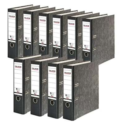 Afbeelding van FALKEN 11346012 10 stuks Recycling Ordners Wolkenmarmer. Made in Germany. 8 cm breed DIN A4 zwart rug ringband map briefomslag kantoormap kartonnen CO2 neutraal Blauwe Engel