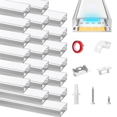 Afbeelding van LED Aluminium Kanaal, HOMMAND 20 x 1m profiel, Strip Kanaal en Diffuser, Profiel met Hoekverbinder, Plakband, Eindkappen, Montage Clips, U vorm 20m