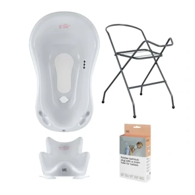 Afbeelding van Hylat Baby Set: Babybadje met standaard &amp; stop, babybad inzet, afvoerslang stabiel en comfortabel voor pasgeborenen baby&#039;s Kleur: Grijs, Patroon: Friends