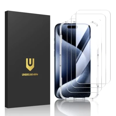 Afbeelding van UNBREAKcable Pantserbescherming voor iPhone 15 Pro Max, 3 delige verpakking, 9H hardheid, beschermfolie, eenvoudige installatiehouder, pantserfolie, zonder luchtbellen Apple 6,7 inch