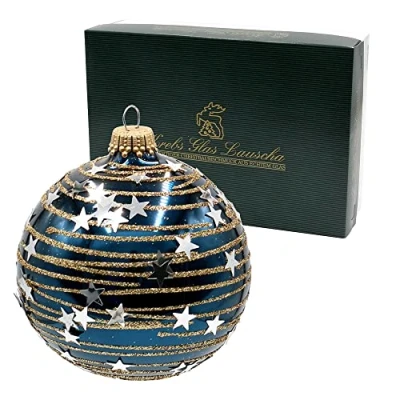Afbeelding van Dekohelden24 Lauschaer Kerstboomversiering set van 6 glazen ballen in kobaltblauw, mondgeblazen en met de hand gedecoreerd sterrenhemel goud zilver, gouden kroon, diameter ca. 8 cm