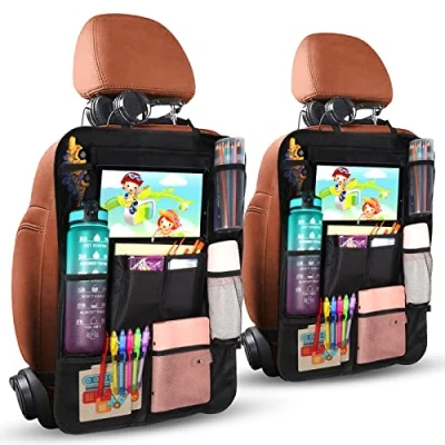Afbeelding van Diboniur Auto organizer, 2 stuks, opslag voor kinderzitje met 20 vakken, bescherming iPad 9,7 inch en 10,5 inch, organizer flessen, speelgoed, boeken, zwart