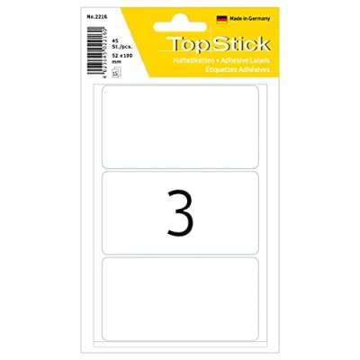 Afbeelding van TopStick 2216 HuishoudLabels Groot (52 x 100 mm, 15 velles, papier, mat) zelfklevend, permanente klevende multifunctionele etiketten voor handschrift, 45 etiketten, wit