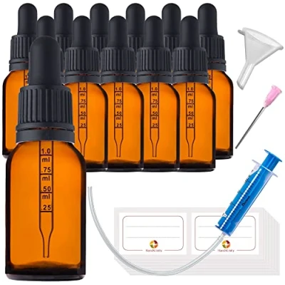 Afbeelding van HandsUnity 15 ml 12 stuks pipetfles kleine glazen fles apothekerglazenset van barnsteenglas met zwarte pipetdop inclusief 29 hulpaccessoires flessen bruin glas
