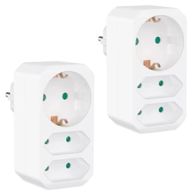 Afbeelding van benon Set van 2 meervoudige stekkers, wit, stekkeradapter met kinderbeveiliging, dubbele stekker 3680 W, multistekker 3 voudig, meervoudig stopcontact, euro en 1 Schuko geaard