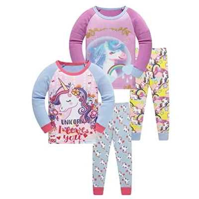 Afbeelding van SOIBEEN Meisjespyjama&#039;s set pyjama&#039;s 100% katoen PJs lange mouwen korte nachtkleding 2 12 jaar, 3d eenhoorn, 3 4 Jaren