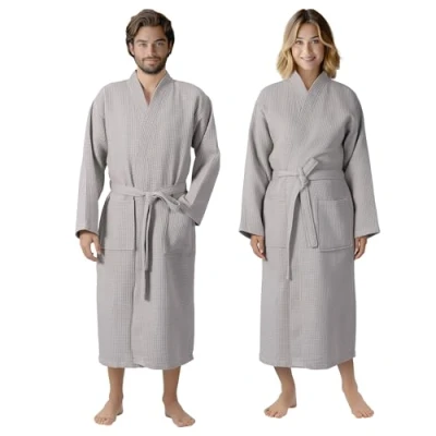 Afbeelding van HOMELEVEL Pique Badjas Reisbadjas 100% katoen S 6 XL dames en heren grote maten ochtendjas kimono saunamantel reizen piquee wafelpique vrouwen mannen, grijs, 5XL