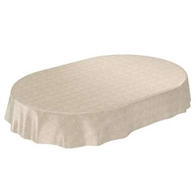 Afbeelding van ANRO Afwasbaar tafelkleed/tafelzeil; beige, linnen look, ovaal, 140 x 200 cm, omzoomd