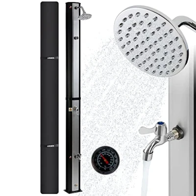 Afbeelding van Arebos Zonnedouche Tuindouche 35L 216cm Buitendouche met geïntegreerde thermometer Ronde Douchekop voetendouche Tuinslangaansluiting Snap in technologie