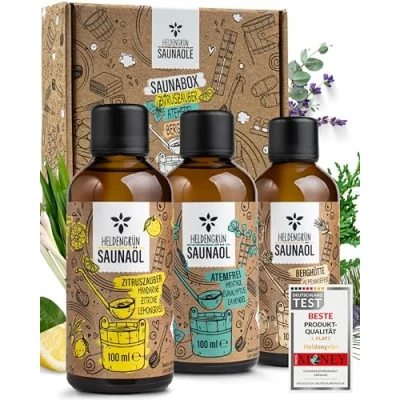 Afbeelding van Heldengrün biologische sauna opgietset, 3 geuren, 1 saunabox, berghut, citrusmagie en ademvrij, in luxe geschenkdoos, opgietmiddel met etherische olie, accessoires