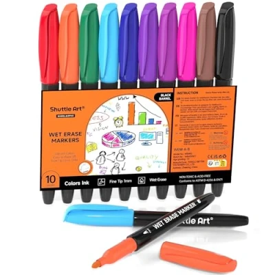 Afbeelding van Shuttle Art Wet Erase Markers, 10 Kleuren Fijne Tip Whiteboard Pennen, Vlekvrij Veeg met Water Markers voor Gelamineerde Kalenders, Overhead Transparency Project, Whiteboards, School Office