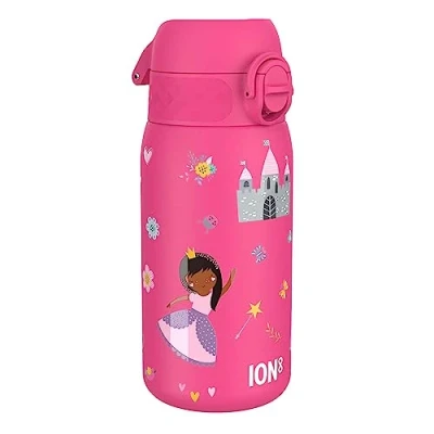 Afbeelding van Ion8 Roestvrijstalen Kinderwaterfles, 400 ml/13 oz, Lekvrij, Makkelijk te Openen, Veilige Vergrendeling, Vaatwasserbestendig, Flipdop, Draaggreep, Duurzaam, Metalen Drinkfles, Prinses Design