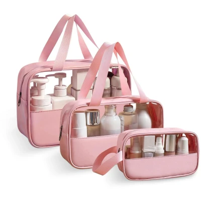 Afbeelding van Transparante Toilettas Waterdicht Set van 3 Roze PVC