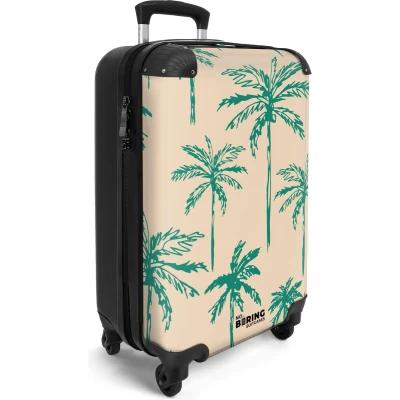 Afbeelding van NoBoringSuitcases.com® Handbagage koffer lichtgewicht Reiskoffer trolley Beige met groene palmbomen print Rolkoffer wieltjes Past binnen 55x40x20 en 55x35x25
