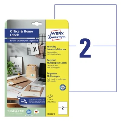 Afbeelding van Etiket Avery Zweckform LR3655 10 210x148mm recycled wit 20stuks