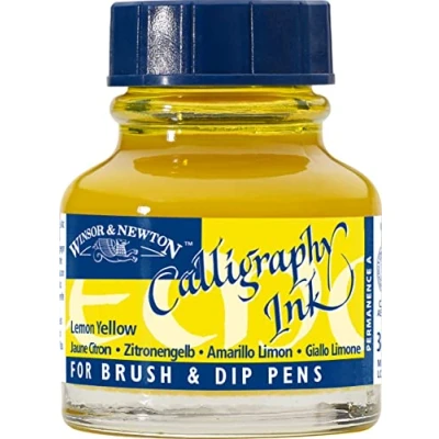 Afbeelding van Winsor &amp; Newton 1111345 Kalligrafie inkt voor vulpennen of kroontjespennen, onderling mengbaar, lichtecht met goede vloei eigenschappen 30ml fles, Lemon Yellow