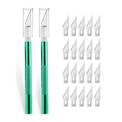Afbeelding van 2 stuks cutter voor doe het zelf kunst werk snijden, scalpel met 20 reservemesjes, knutselmes, cuttermes, hobbymes, snijmes, caving, sculptuur, raamfolie, lakbeschermingsfolie (groen)