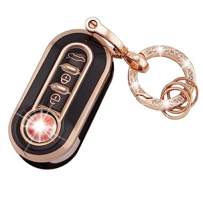 Afbeelding van Koaudb Autosleutelhanger Cover Case Shell Fit voor Fiat 500 500L Brava Bravo Fiorino Punto Panda Qubo Stilo Lancia 3 Knoppen Flip Folding Key met Sleutelhanger Zwart Goud (R Fia B)