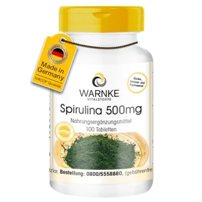 Afbeelding van Spirulina tabletten 500mg zuiver algenpoeder per tablet hoge dosering Platensis veganistisch 100 Warnke Vitalstoffe Duitse apothekerskwalitei