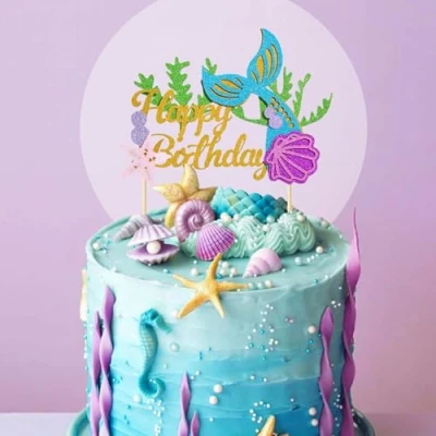 Afbeelding van Taarttopper Zeemeerminstaart Happy Birthday Verjaardag Taartversiering Taartdecoratie Taart Topper Cake