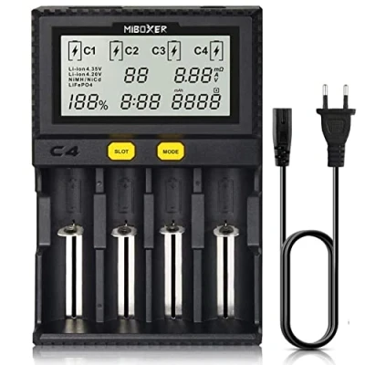Afbeelding van MiBOXER Smart Acculader 18650, universele oplader met 4 sleuven, automatisch lcd display, snel opladen, oplaadbaar, Li Ion LiFePO4 Ni MH CD AA AAA C 18350 18500 18700 20700 21700 26650 RCR123