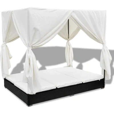 Afbeelding van Loungebed met gordijnen poly rattan zwart
