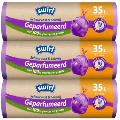 Afbeelding van 3x Swirl Pedaalemmerzakken Geparfumeerd Vanille&amp;Lavendel met Trekband 35 liter 9 stuks