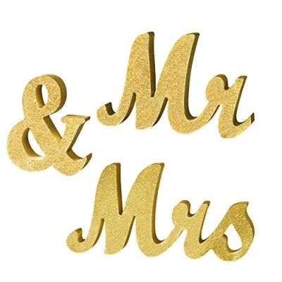 Afbeelding van Mr en Mrs Letters Teken Bruiloft Decoratie, 70 x 6 Inch Decoratieve Sweetheart Tafel Houten Staand voor Foto Rekwisieten, Feestbanner, Douche Cadeau (Gouden Glitter)