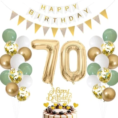 Afbeelding van 70e verjaardag decoratie saliegroen, ballon mannen vrouw, groen wit goud cijfer 70 folieballon, taartdecoratie voor 70ste