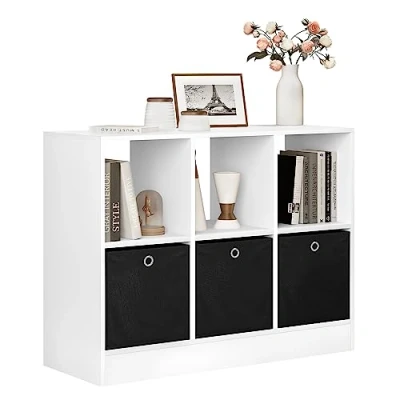Afbeelding van WOLTU SK033ws Boekenkast met 3 laden van vliesstof, staand rek 6 vakken, kubusrek voor slaapkamer, woonkamer, werkkamer, kantoor, wit, 80 x 60 30 cm