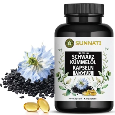 Afbeelding van Zwarte komijnolie 400 capsules veganistisch 1000 mg dagdosis hoge dosis koudgeperst, Egyptisch, met vitamine E, van Sunnati in Duitsland geproduceerd