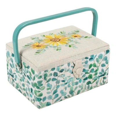 Afbeelding van Hobby Gift Exclusieve medium naaidoos, knutseldoos, accessoirelade, speldenkussen, PVC handgreep, 18,5 x 25,5 14,5 cm, geborduurde eucalyptus