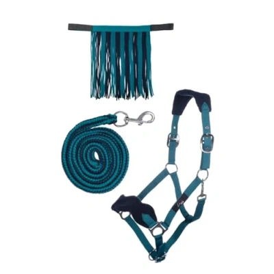 Afbeelding van HKM 10733 halsterset, halster vliegenfranjes gebreid 180 cm karabijnhaak, petrol/navy VB