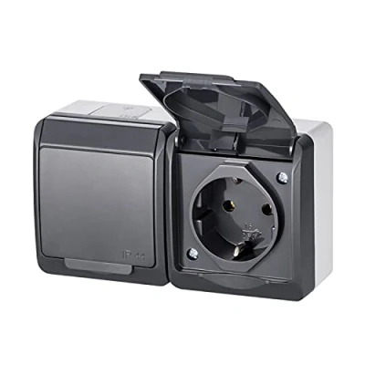 Afbeelding van ELEKTRO PLAST HERMES 2 voudig tweevoudig opbouw stopcontact IP44 waterdicht antraciet grijs