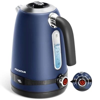 Afbeelding van Aigostar Lori elektrische waterkoker met temperatuurregelaar van 40 C tot 100 C, waterkoker, roestvrij staal, 1,7 l, 2200 W led display, houdt 2 uur warm, BPA vrij, marineblauw