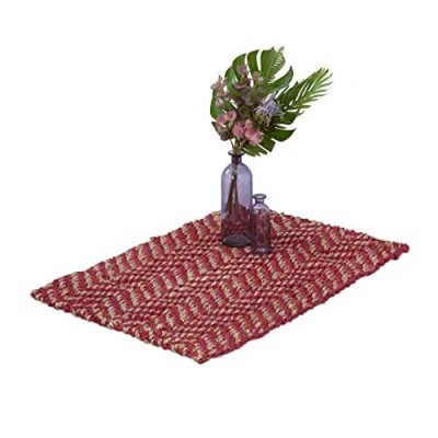 Afbeelding van Relaxdays vloerkleed jute 60 x 90 cm vloertapijt zigzag handgeweven beige/rood