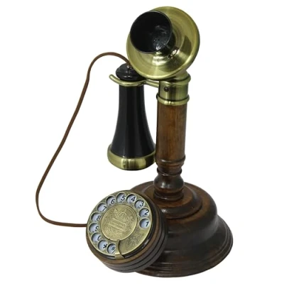 Afbeelding van OPIS 1921 CABLE MODEL C klassieke telefoon / retro gemaakt van echt hout, zwarte plastic onderdelen deels verguld met messing functionerende draaischijf en metalen bel