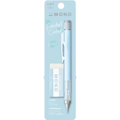 Afbeelding van Tombow MONO Graph en gum, 0,5 mm, ijsblauw, precisie met 4 mm punt, innovatief schudmechanisme, stabielere messing tang, navulbaar, incl. gum [SH MG44 PE04A]