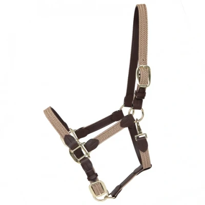 Afbeelding van Gevlochten Nylon Halster COB Beige Vegan Leder
