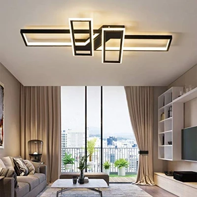 Afbeelding van LED Plafondlamp Eettafellamp Rechthoekige Hanglampen, Lichtkleur/Helderheid Instelbaar, Moderne Slaapkamer Plafondverlichting Woonkamer Kroonluchter Lamp Acryl Kap,Black dimmable,120cm
