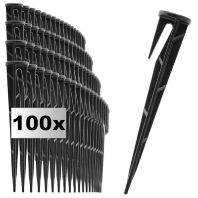 Afbeelding van com four® 100x bevestigingshaken voor robotmaaiers Plastic grondankers Bevestigingspennen slangen, kabels en afdekkingen Grondpennen met weerhaken (zwart 100 stuks)